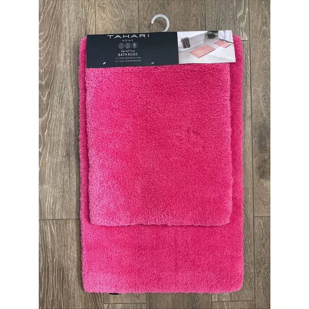 SET of 2 HOT BRIGHT PINK Tahari Bathroom Rugs Bath Mat Drylon Plush Non-Slip Rug